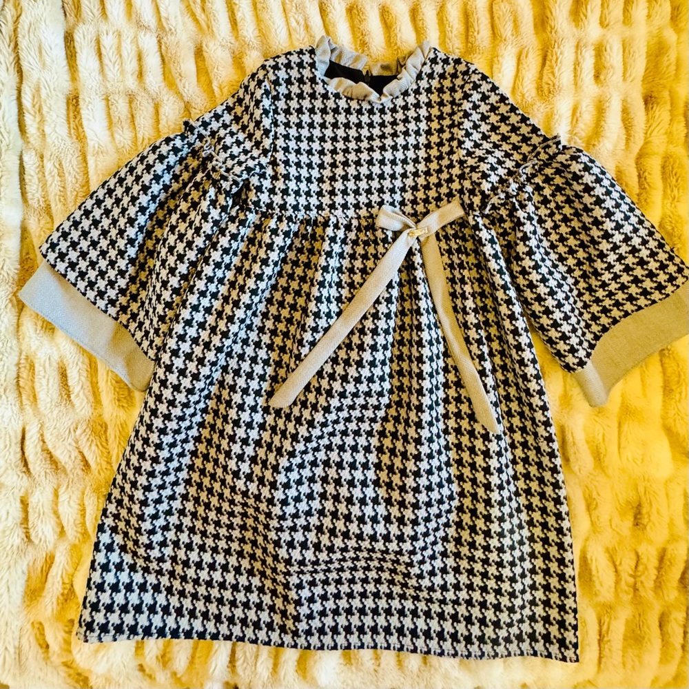 Girls Black & White Houndstooth Dress with Bow